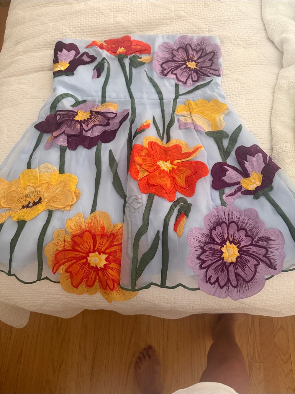 Maeve Strapless Light Blue Mini Dress with Orange & Purple Floral Appliqués - Picture 4 of 5